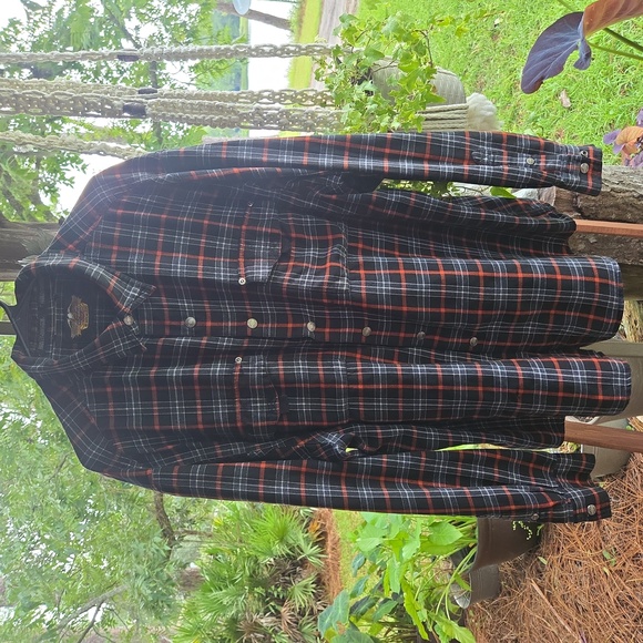Harley-Davidson Vintage Y2K Black And Orange Plaid Flannel Snap Front Shirt - Picture 1 of 17